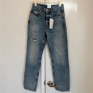 Anine Bing Distressed Straight-Leg Jeans in Light Blue
